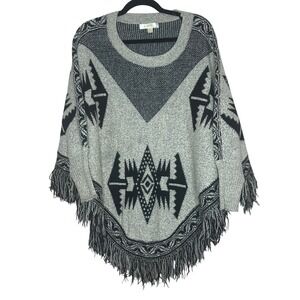 La Vie 89‎ VTG Bohemian Fringe Poncho Sweater Grey Black Aztec Print S/M